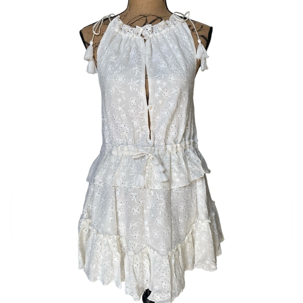 Skylar + Madison NEW White Eyelet Keyhole Smocked Summer Mini Dress Womens Small